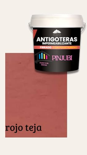 PINJUBI ANTIGOTERAS impermeabilización reforzada con fibras y poliuretano, Pintura acrílica ELASTICA para impermabilización de cubiertas y terrazas visitables, puenteo de fisuras. (ROJO, 5 KG)