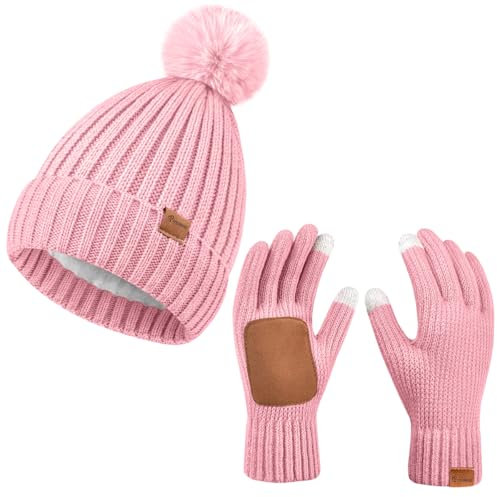 Damen Beanie Hut Handschuhe Set Winter Gestrickte Mütze Hut für Frauen Mit Pom Pom Warme Touchscreen Handschuhe 2 in 1 Set für kaltes Wetter (DE/NL/SE/PL, Alphanumerisch, Einheitsgröße, Rosa)