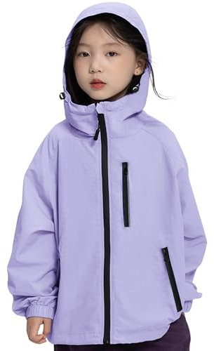 Rolanko Giacca Impermeabile con Cappuccio per Ragazze, Impermeabile Leggera Giacca a vento Giacche da Pioggia Outwear per Bambini Ragazzi 7-14 Anni, Viola, Taglia: 150/10-11 anni