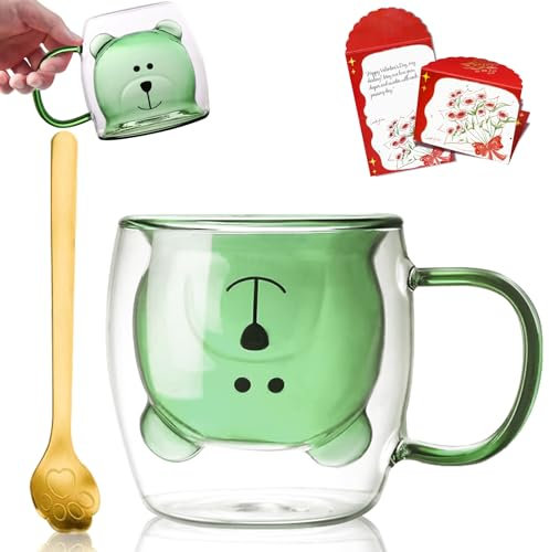 Afitdon Carino orsetto tazza a doppia parete, 280 ml, con biglietto di benedizione, cucchiaio e coperchio per tazza, bicchieri a doppia parete, per cappuccino, latte macchiato, tè, gelato e latte
