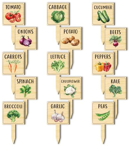 arricraft 15 Pcs Vegetable Wooden Plant Labels, 4.7 x 2.5 Vegetable Wooden Markers T Type Tags Plant Name Sticks with Printed Pattern Wood Garden Signs Slate for Indoor Outdoor Plants Potted