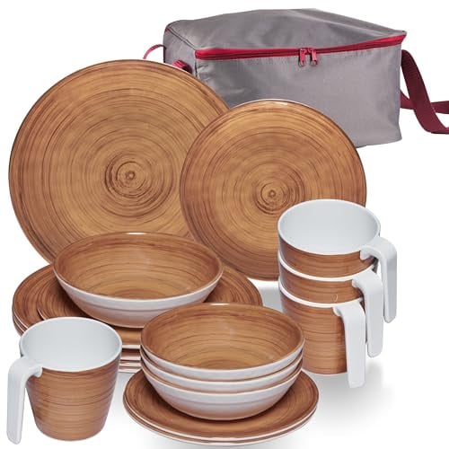 Melamin Geschirr Set Braun 4 Personen 17 Teile Tassen Tasche Camping Party