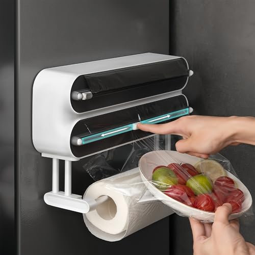 BORDEAG 3 in 1 Frischhaltefolienspender: Magnetischer Wandrollenhalter Küche, ABS Folienschneider, Multifunktionaler Spender Und Abroller Für Küche (D4 Schwarz/50 M)
