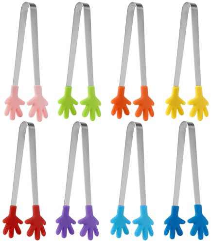 8 Piezas Coloreado Cocina Pinzas Forma Mano, Mini Pinzas Hielo Acero Inoxidable Silicona, Mini Pinzas con Silicona Antideslizante, 12.5cm Pinzas Multifuncionales para Alimentos, para Barbacoa, Buffet
