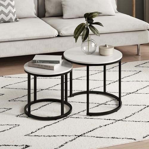 Couchtisch 2er Set rund aus Holz, Wohnzimmertisch Modern, Beistelltisch Set 2 in 1 mit Metallgestell für Wohnzimmer Büro Beistelltisch Loft Design Twin | Weiß