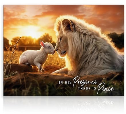 Dazzlewall Löwe und Lamm Wandbilder, In Seiner Gegenwart Gibt Es Frieden Christliche Leinwand Bilder für Wohnzimmer Schlafzimmer Deko 30×40 cm Ungerahmt