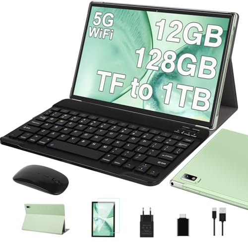 DEERTiME Tablet 10 Pollici Android Tablets con 5G WiFi, 12GB+128GB(TF 512GB/1TB), Octa-Core, Processore 2.0 GHz, 8000mAh, Schermo Widget, Controllo Parentale, Tablet con Tastiera+Mouse (Verde)