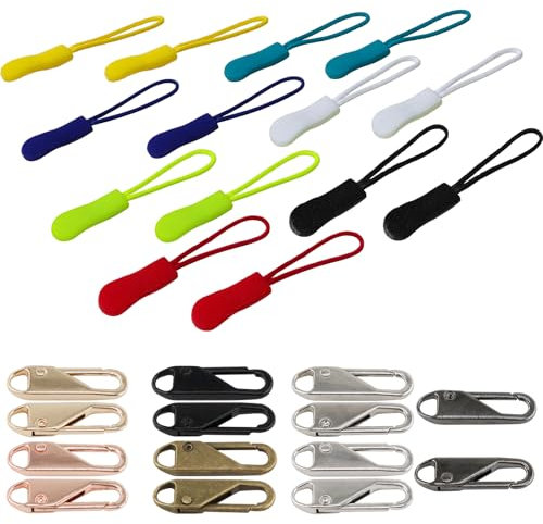 28Pcs Detachable Zipper Repair Kit Extension Nylon Cord Pulls Tab Tags Cord Extension Fixer Metal Zipper Pull Tabs for Luggage Backpacks Jackets Purses Handbags Boots Tents，7 Color
