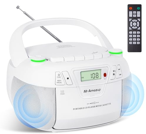M-Amazup Boombox CD-Player, tragbarer Kassettenspieler mit CD, MP3, Bluetooth, AUX, TF/USB, AM/FM-Radio, AC/DC, Stromversorgung mit Fernbedienung, Kopfhöreranschluss, Stereo-Sound für Zuhause, Kinder