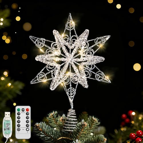 Lewondr Weihnachtsbaumspitze Stern, 14,57 Glitzernde Epoxid Christbaumspitze mit 20 LED Birnen, 6 Std. Timer & 8 Modi USB Fernbedienung, Baumspitze Weihnachtsdeko für Innen Feiertag, Silber