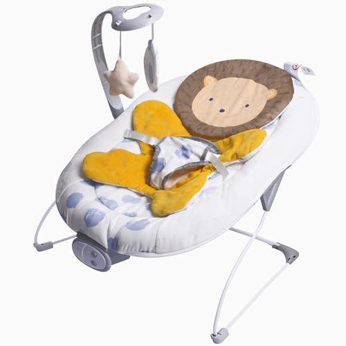LADIDA Baby Bouncer for Birth to 6 Months, Baby-Rocker with 3 Speeds and 8 Soothing Songs, Vibrating Infant Seat with Removable Toy Bar, Portable and Lightweight (Brown Lion)