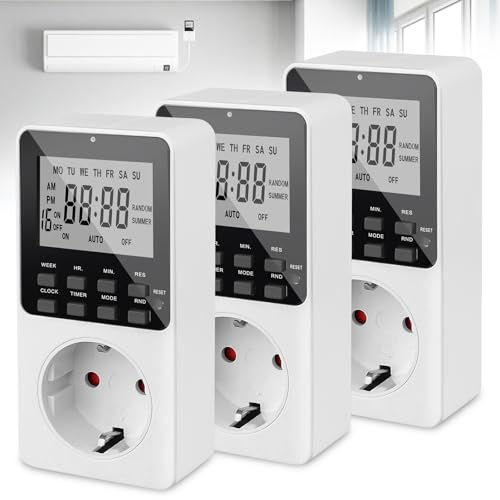 3 Stück Digitale Zeitschaltuhr Steckdose, Wochenzeitschaltuhr Digital mit 16 Programmen, Countdown & Zufallsfunktion, LCD Timer Schaltuhr Steckdose, Einbruchschutz für Innen