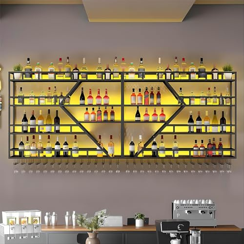 KEPMOGOH Botellero de Pared con portavasos, botellero Vino, Hierro, Soporte Flotante para exhibición de Vino, para el hogar, Restaurante, Bares, vinoteca(Sin luz) (Negro, 4 Niveles, 200 cm)
