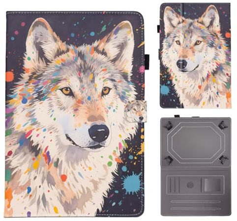 Bemoloon PU Leather Tab Case for Universal 10-11 Vibrant Colors & Stylish Patterns, Cover Protection, Stand, for DOOGEE Blackview Tablet 10, Colored Wolf