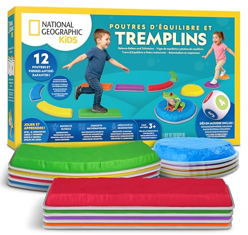 National Geographic Kids Piedras de Equilibrio y Barras de Balance – Set de circuito de obstáculos de 12 piezas para niños 3+ con dado de espuma, tarjetas Play & Learn y base antideslizante