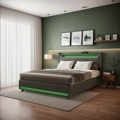 DAHUEN Polsterbett 140x200cm, Doppelbett mit LED und USB, hydraulisches Heben, Bettgestell 140x200cm mit Lattenrost, Leinen, Grau (Grau, 140x200cm)