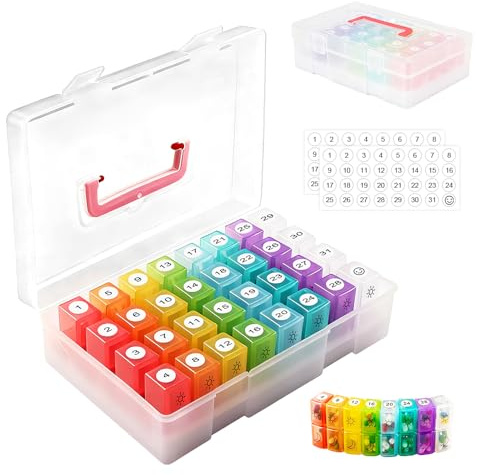 Monatliche Pillenbox Organizer mit Griff & 32 Fächer, Tablettenbox 31 Tage Morgens Abends, Große Monat Medikamentenbox Tragbare für Vitamine Tabletten, Praktische Feuchtigkeitsbeständiger