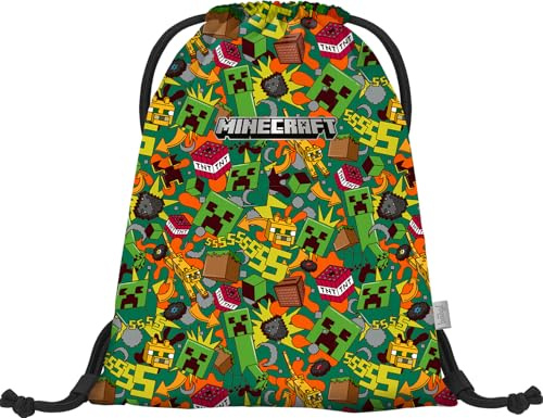 Baagl Sportbeutel Turnbeutel für Jungen Kinder Schule - Minecraft Chaos | Der wasserabweisende Kinderbeutel für Sport und Kindergarten hat eine Karabinerbefestigung für den Rucksack.