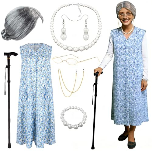 CHMMY Disfraz de Abuela para Carnaval - Con Peluca de abuela, Vestido de Flores Azules, Gafas Retro Doradas, Bastón Plegable y Joyas de Perlas (XL)
