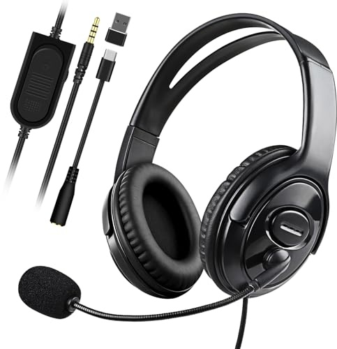 Joso Wired Headset with Mic, Gaming Headset for PS5/PS4/Xbox/Switch/PC/iPad/Mac/Tablet with USB C & USB-A Adapter - Chat Headphone, Business, Coach, Gaming, Working, Black | Dual Ear
