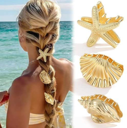 3 Pièces Pince Cheveux Coquillage Pince à Cheveux Étoile de Mer Conque Dorées Metal pour Soirée Plage, Tenues d'été, Quotidien, Cadeau