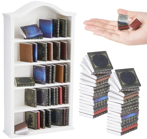 DICOSMETIC Miniatur Puppenhaus Bücherregal Mini Bücherregal Deko 36 Stück Puppenhaus Bücher 5 Etagen Miniaturen Weiß Holz Vitrine Für Zuhause Zimmer Büro 1:12 Maßstab