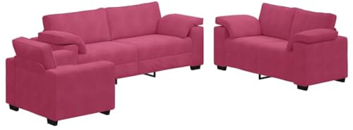QJBSAVVA 3-TLG. Sofagarnitur Weinrot Samt, 1er Sessel 2er & 3er Sofa Set, Couchgarnitur mit Breiten Armlehnen und Metallgestell für Wohnzimmer und Büro, Polstersofa Sitzgruppe