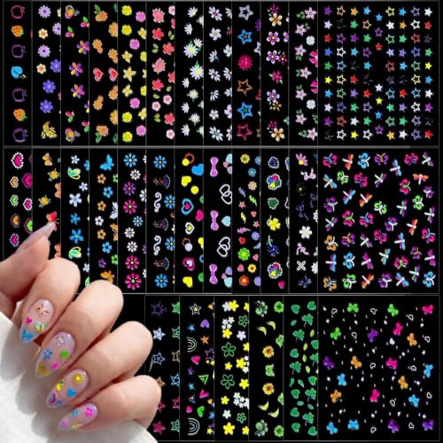 YJHAT 30 Sheets 3D Self-Adhesive Nail Stickers Star Flower Butterfly | 30 sheets of star, flower & butterfly 3D self-adhesive nail decals, easy to apply for DIY nail art, parties and daily wear.