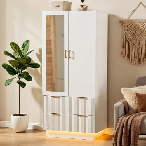 MSFE Kleiderschrank Weiß, Garderobenschrank 2-türiger mit Spiegel und LED-Beleuchtung | 2 Schubladen, Moderner Wardrobe Schrank für Schlafzimmer, Kinderzimmer, Flur | 80 x 178 x 50 cm (B/H/T)