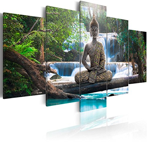 B&D XXL - Leinwand Bilder 225x112 cm Vlies Leinwandbild 5 tlg Kunstdruck modern Wandbilder Groß XXL Wanddekoration Design Wand Bild - Buddha Landschaft Natur Wasserfall Baum Wald c-A-0021-b-n