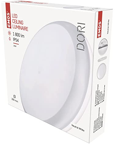 EMOS LED Wand- und Deckenleuchte DORI weiß, IP54 Aufbaulicht in Kreisform, 18W Ersatz für 100W, Helligkeit 1800 lm, Neutralweiß 4000 K, 25000 St. Lebensdauer, CRI min. 80, Abstrahlwinkel 115°