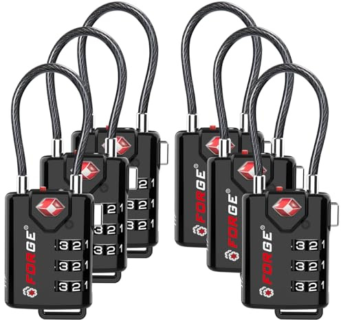 Forge TSA Approved Luggage Locks, Open Alert Cable Lock, Black, 6 Pack