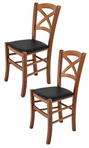 Tommychairs - Set 2 chaises CROSS pour cuisine, bar et salle à manger, robuste structure en bois de hêtre peindré en couleur noyer clair et assise rembourrée et revêtue en cuir artificiel couleur noir