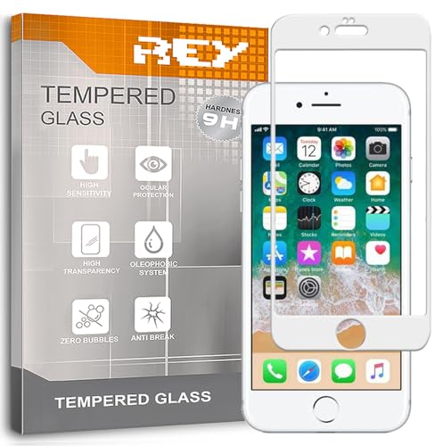 REY Protector de Pantalla Curvo para iPhone 6 / iPhone 6S, Blanco, Cristal Vidrio Templado Premium, 3D / 4D / 5D