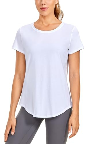 CRZ YOGA Damen Sport T-Shirt Kurzarm Fitness Gym Laufshirt Crewneck Leichte Yoga Oberteile Sommer Top Weiss 42