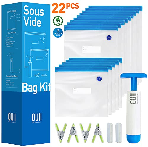 OUII 15 Reusable BPA Free Sous Vide Bags with Vacuum Hand Pump in Various Sizes, Vacuum Sealer Bags, Food Storage, Freezer Safe, Fits Any Sous Vide Machine