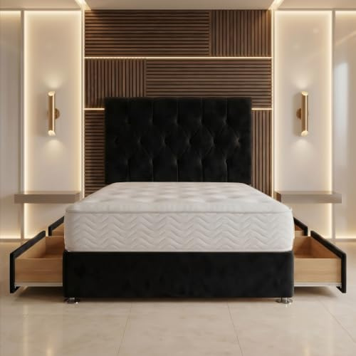 Bed Centre Ziggy Plush King Divan Bed Set with 24 cm Sprung Memory Foam Mattress, Headboard, 2 Drawers, Black