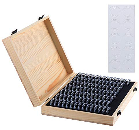 Kyrio Lot de 100 boîtes de rangement en bois avec capsules rondes en plastique pour pièces de monnaie 18 mm/21 mm/25 mm/27 mm/30 mm