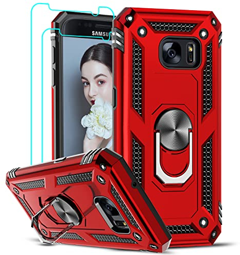 LeYi Schutzhülle für Samsung Galaxy S7 mit 2 Hartglas, Ring Halterung, Militär, doppelte Schicht, Verteidigung, Bumper aus TPU, Silikon, stoßfest, Schutzhülle für Samsung S7, Rot