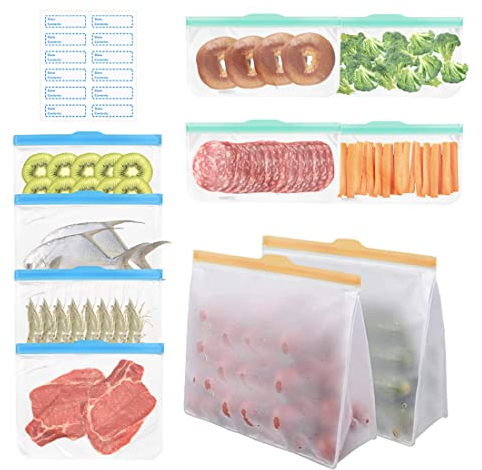 Exllena Silicone Reusable Freezer Bags, Reusable Sandwich Bags BPA Free for Food Storage, 2 Stand Up Bags Included, Eco-Friendly and Leakproof Ziplock Bags with Triple Zip Closures-10 Packs