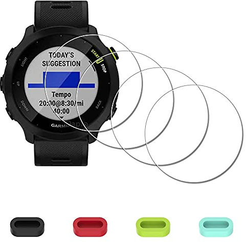 iDaPro [4Pcs Protection d'Ecran pour Garmin Forerunner 55+[4Pcs] Bouchons anti-poussière silicone,Verre Trempé,Dureté 9H,Anti-rayure,Sans Bulle,Anti-empreinte,Installation Facile