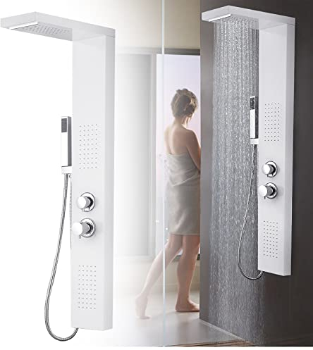 YRHome Sistema de Ducha de Efecto Lluvia - Panel de Acero Inoxidable Con Alcachofa de Mano, Grifo de Lluvia, Masaje y Cascada - Color Blanco