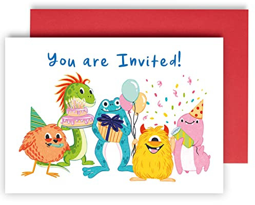 Huxters Birthday Invitations for Kids – A6 Monster Party Postcards – FSC Paper Party Monster Birthday Invitations for Boys and Girls – Fun Animated Design – 350gsm Silk Cardstock – 10pcs