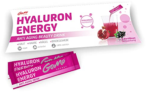 GoMo ENERGY® Anti Aging Beauty Hyaluron Drink │ 400mg vegane Hyaluronsäure + Zink + Magnesium + hochdosierte B-Vitamine + Vitamin C │ Straffe Haut, stabile Nägel, festes Bindegewebe │ 5 Portionen