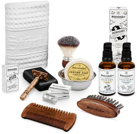 Störtebekker® Premium Rasierhobel All-in-one Set - inkl. Rasierpinsel, Rasierseife, Rasierschale, Rasieröl, Rasierklingen, Rasiertuch, Alaunstein, Bartöl, Bartkamm und Bartbürste - Geschenkidee