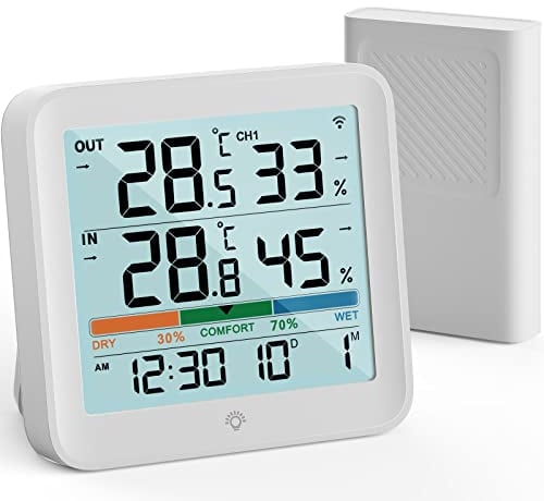 VOCOO Thermometer Innen/Ausen,kabellos Wetterstation Hygrometer mit Außensensor mit uhr,Digitales Raumthermometer mit Hintergrundbeleuchtung Luftindikator LCD MIN/MAX Display, ℃/℉ Schalter