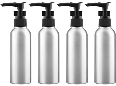 ZEOABSY 4 Pezzi 120ml Argento Alluminio Argento Bottiglie Dosatori per Cosmetico Bagno Hotel, 30 ml Bottiglie con Pompa Nero per Lozione Corpo Doccia Shampoo Gel Dispenser Viaggio