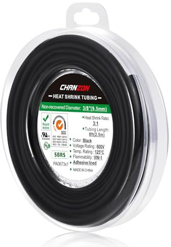 Chanzon Gaine thermorétractable 3:1 Ratio 3/8 (9,5 mm) Doublure adhésive étanche de qualité marine Rouleau de 8 pieds (longueur totale de 2,5 m) Gaine en polyoléfine noire rétractable 1 pièces