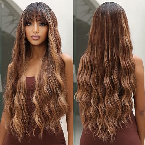 Lange Welle Braun Highlight Perücken mit Bangs für Frauen Synthetisches Haar Dunkle Wurzeln