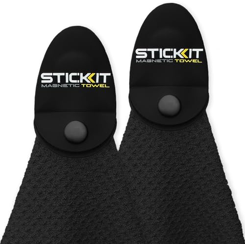 STICKIT Magnetisches Golf-Handtuch, schwarz, 2er-Pack, Mikrofaser-Golf-Handtuch mit tiefen Waffeltaschen, industrieller starker Magnet für starken Halt an Golfwagen oder Schlägern